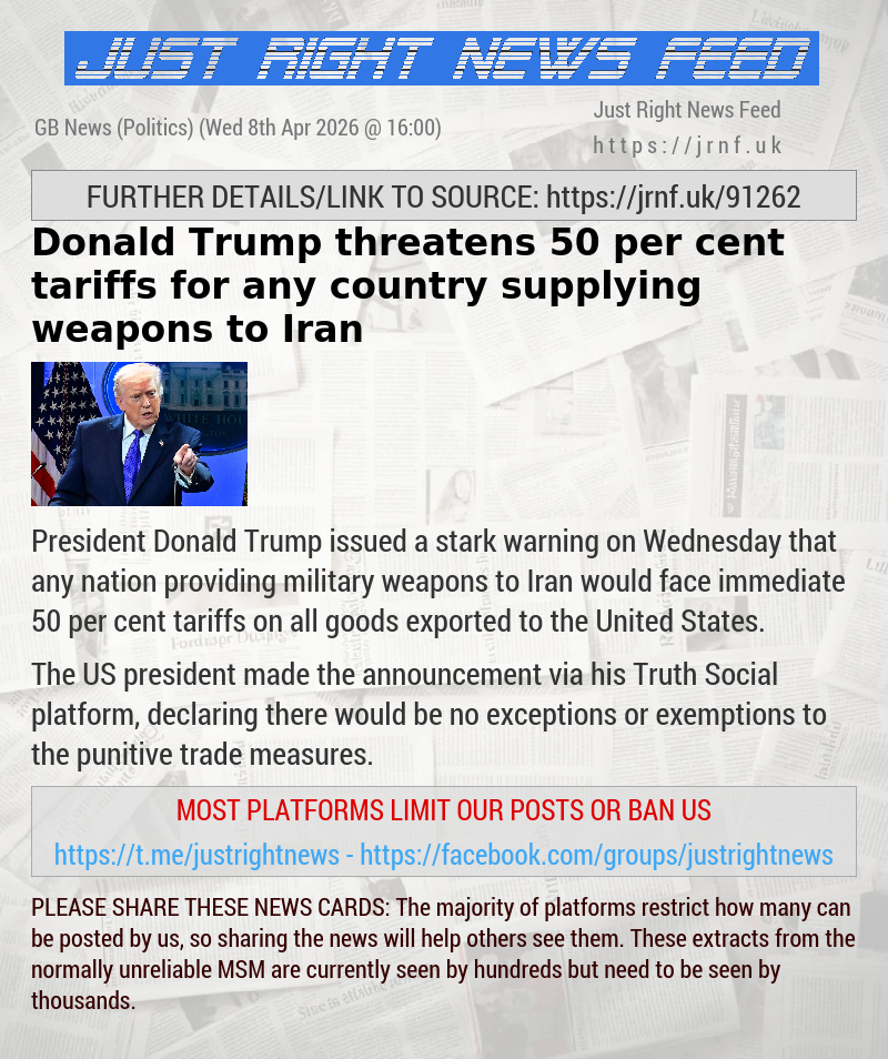 Donald Trump threatens 50 per cent tariffs for any country supplying weapons to Iran