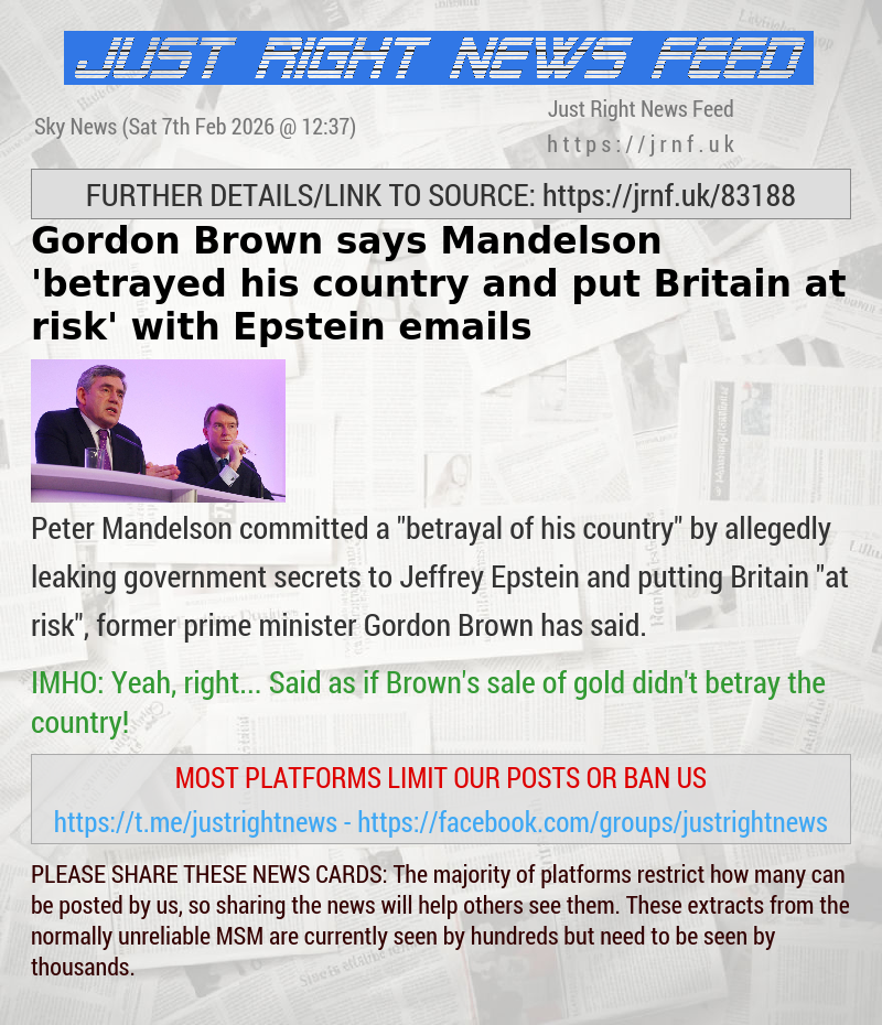 Gordon Brown says Mandelson ’betrayed his country and put Britain at risk’ with Epstein emails