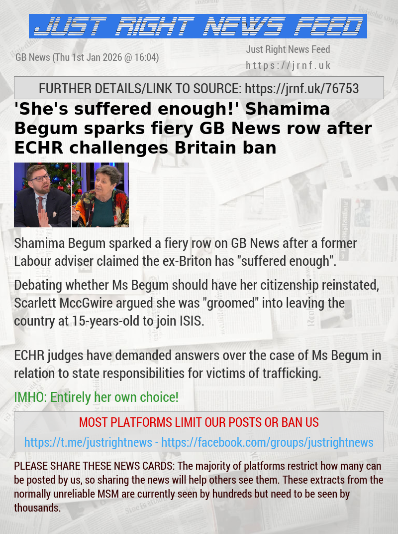 ’She’s suffered enough!’ Shamima Begum sparks fiery GB News row after ECHR challenges Britain ban