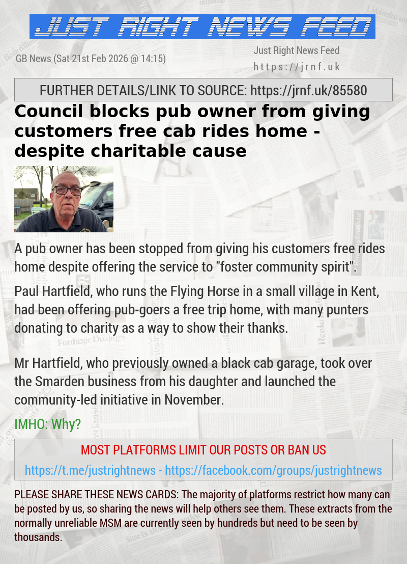 Council blocks pub owner from giving customers free cab rides home — despite charitable cause