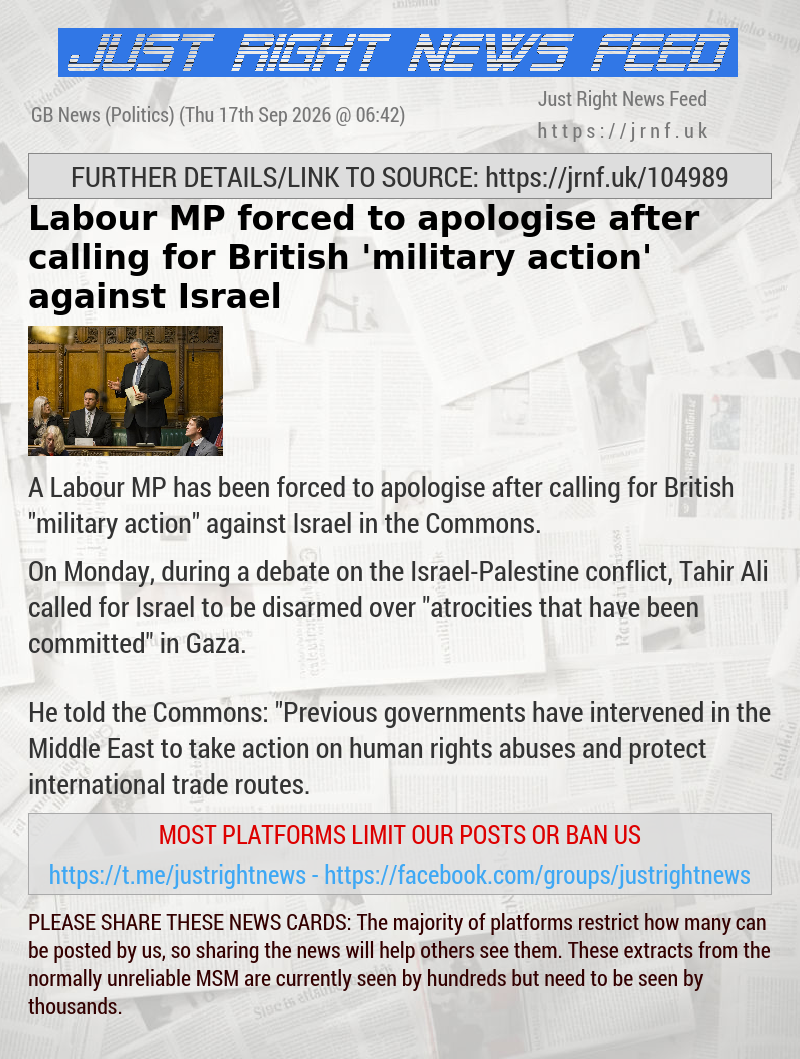 Labour MP forced to apologise after calling for British ’military action’ against Israel