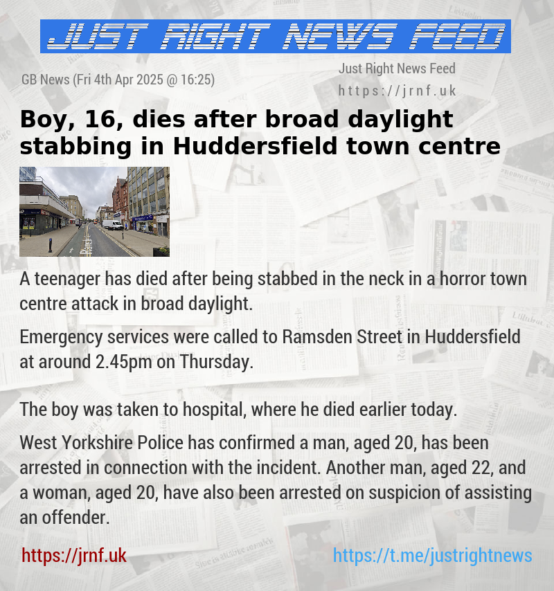 Boy, 16, dies after broad daylight stabbing in Huddersfield town centre