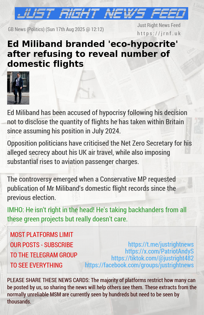 Ed Miliband branded ’eco—hypocrite’ after refusing to reveal number of domestic flights