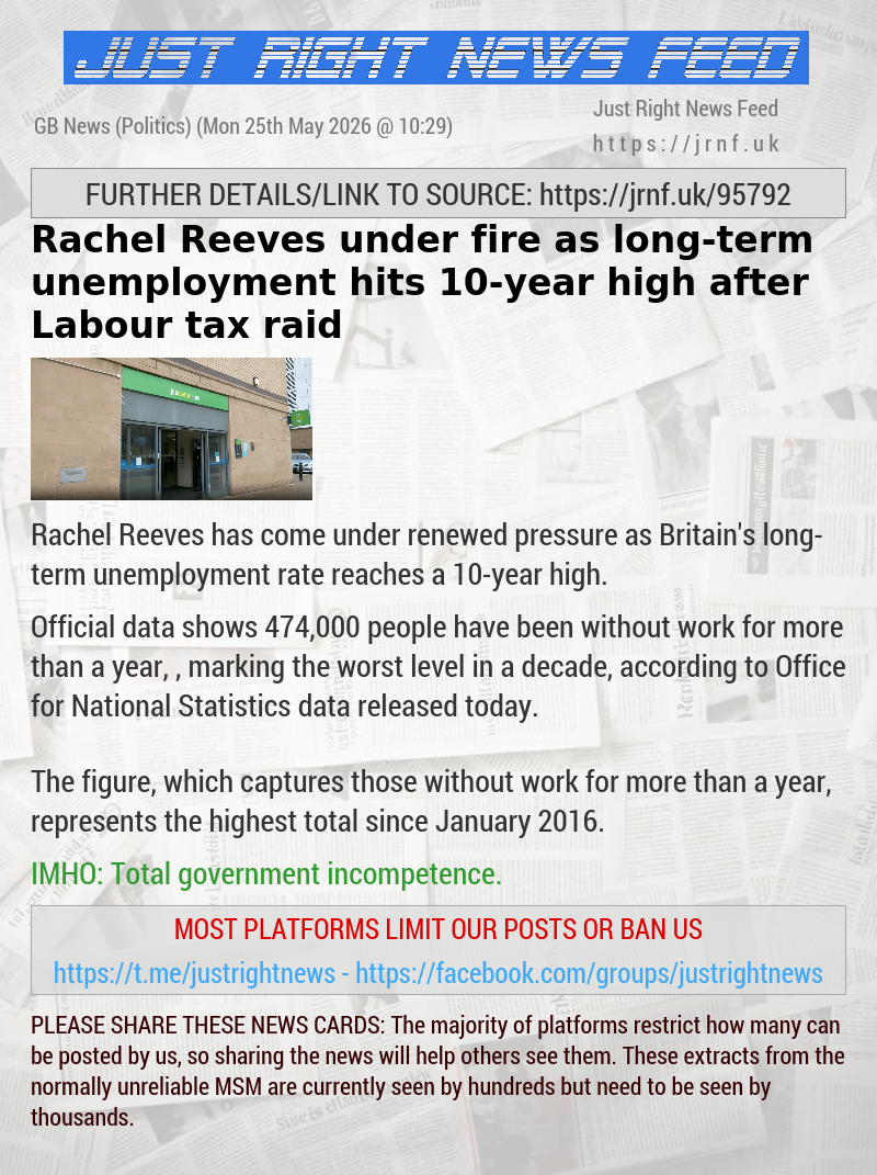 Rachel Reeves under fire as long—term unemployment hits 10—year high after Labour tax raid