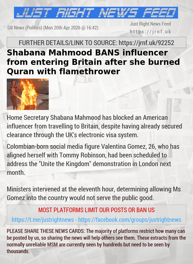 Shabana Mahmood BANS influencer from entering Britain after she burned Quran with flamethrower