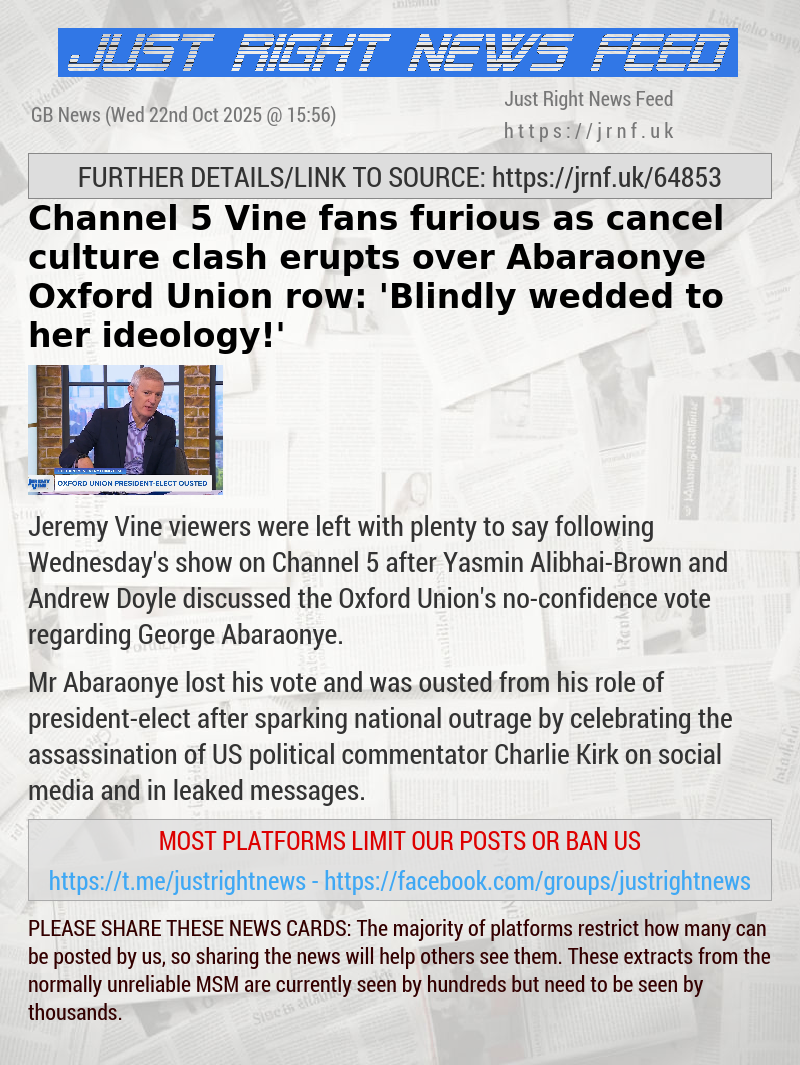 Channel 5 Vine fans furious as cancel culture clash erupts over Abaraonye Oxford Union row: ’Blindly wedded to her ideology!’