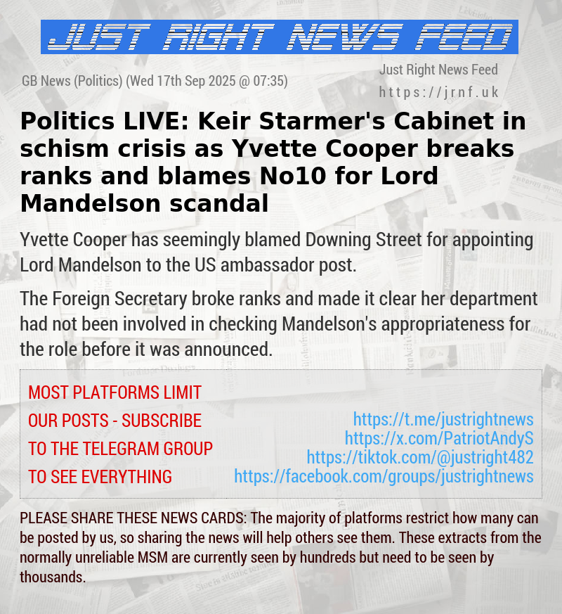 Politics LIVE: Keir Starmer’s Cabinet in schism crisis as Yvette Cooper breaks ranks and blames No10 for  Lord Mandelson scandal