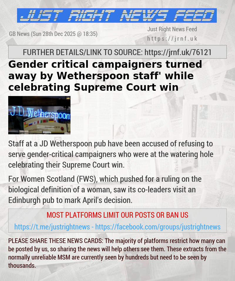 Gender—critical campaigners ‘turned away by Wetherspoon staff’ while celebrating Supreme Court win