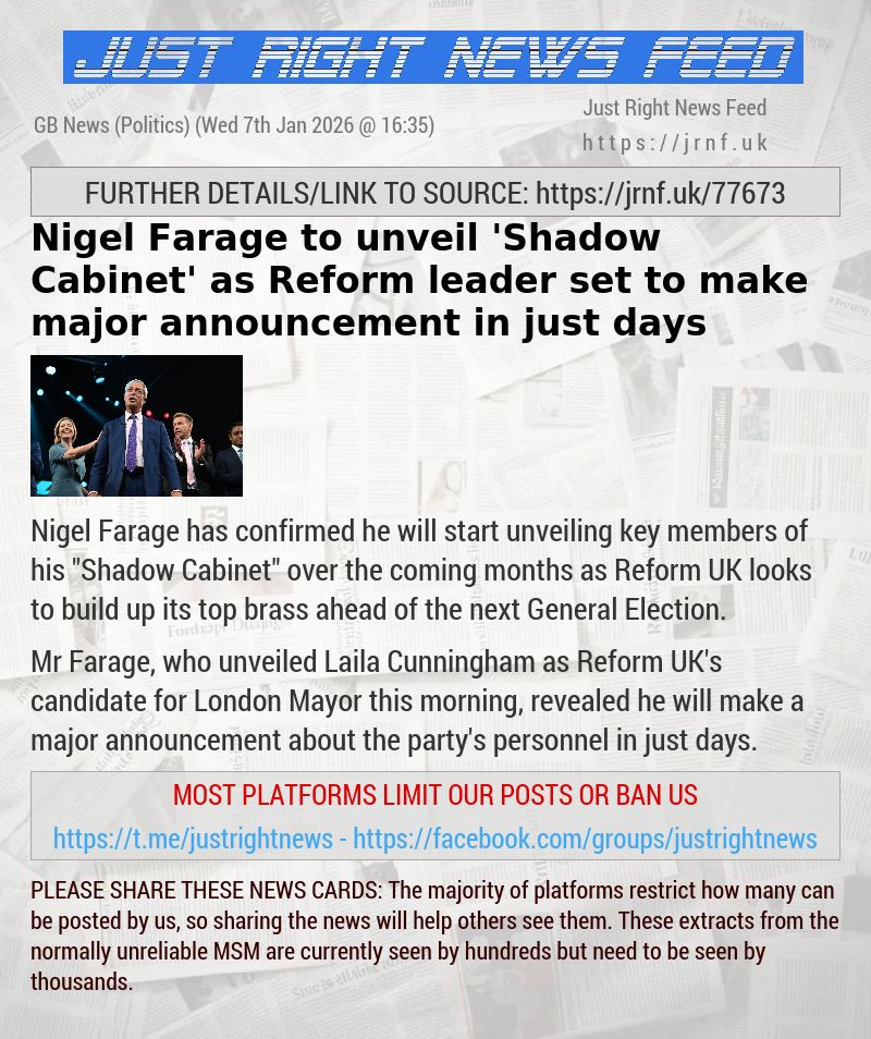 Nigel Farage to unveil ’Shadow Cabinet’ as Reform leader set to make major announcement in just days