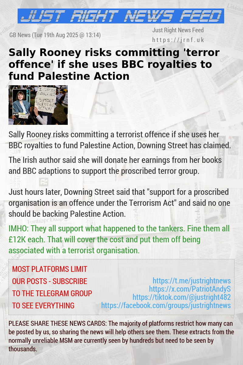 Sally Rooney risks committing ’terror offence’ if she uses BBC royalties to fund Palestine Action