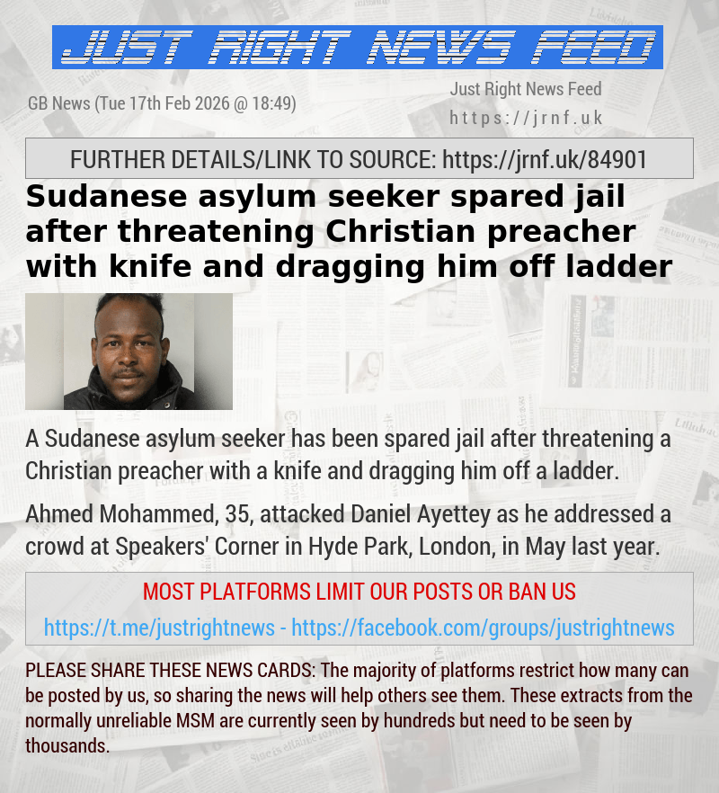 Sudanese asylum seeker spared jail after threatening Christian preacher with knife and dragging him off ladder