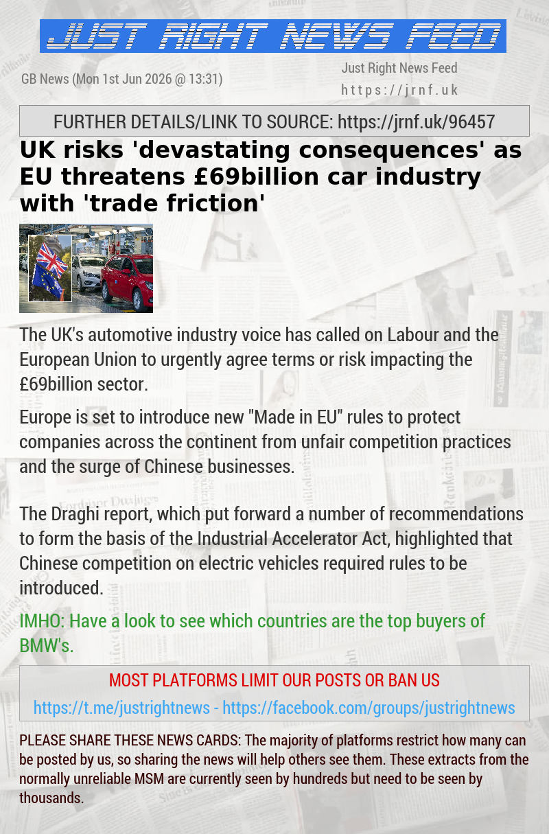 UK risks ’devastating consequences’ as EU threatens &pound;69billion car industry with ’trade friction’