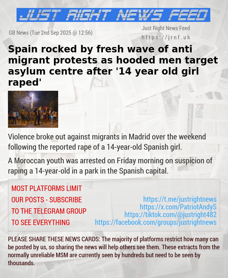 Spain rocked by fresh wave of anti—migrant protests as hooded men target asylum centre after ’14—year—old girl raped’