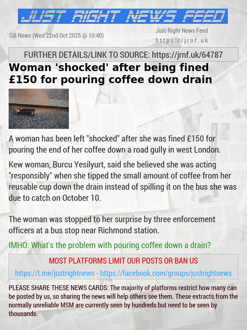 Woman ’shocked’ after being fined £150 for pouring coffee down drain