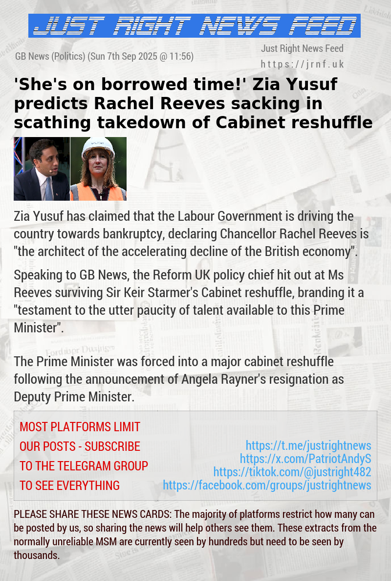 ’She’s on borrowed time!’ Zia Yusuf predicts Rachel Reeves sacking in scathing takedown of Cabinet reshuffle