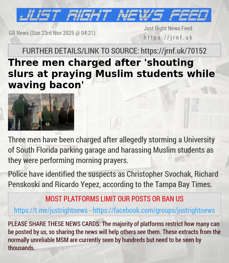 Three men charged after ’shouting slurs at praying Muslim students while waving bacon’
