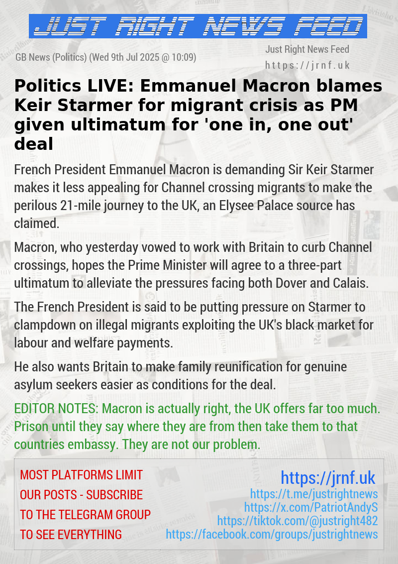 ​Politics LIVE: Emmanuel Macron blames Keir Starmer for migrant crisis as PM given ultimatum for ‘one in, one out’ deal
