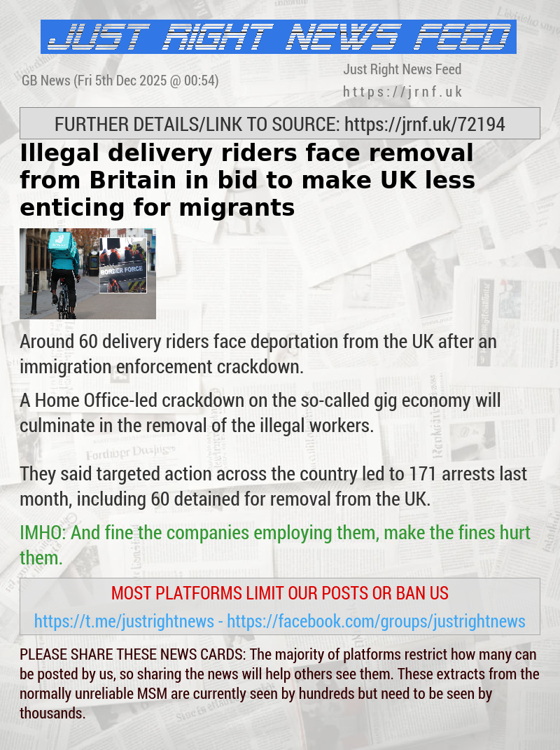 Illegal delivery riders face removal from Britain in bid to make UK less enticing for migrants