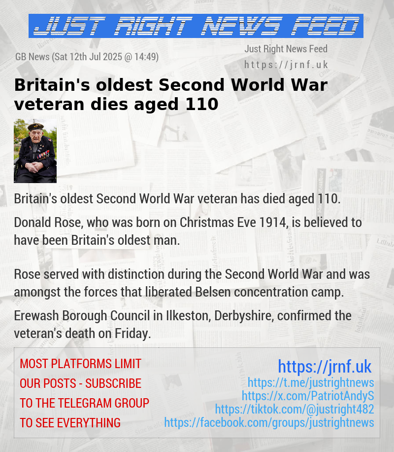 Britain’s oldest Second World War veteran dies aged 110
