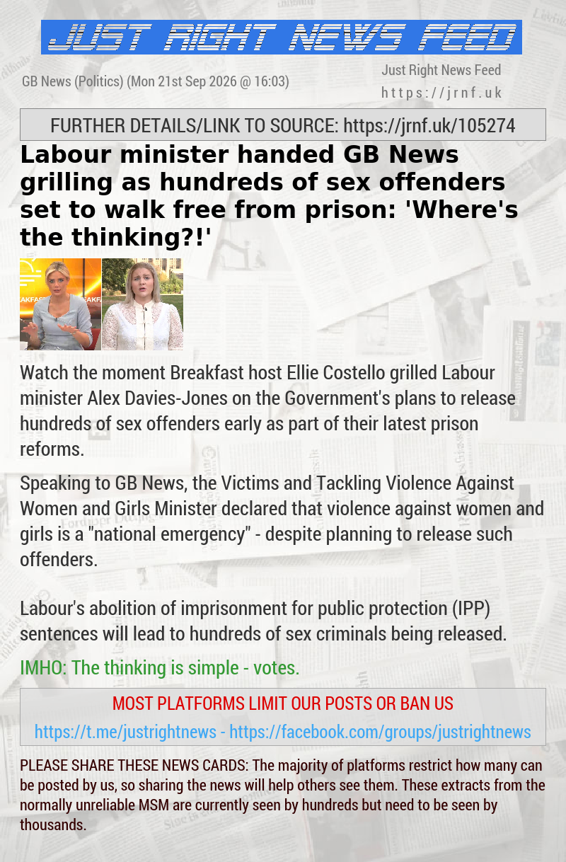 Labour minister handed GB News grilling as hundreds of sex offenders set to walk free from prison: ’Where’s the thinking?!’