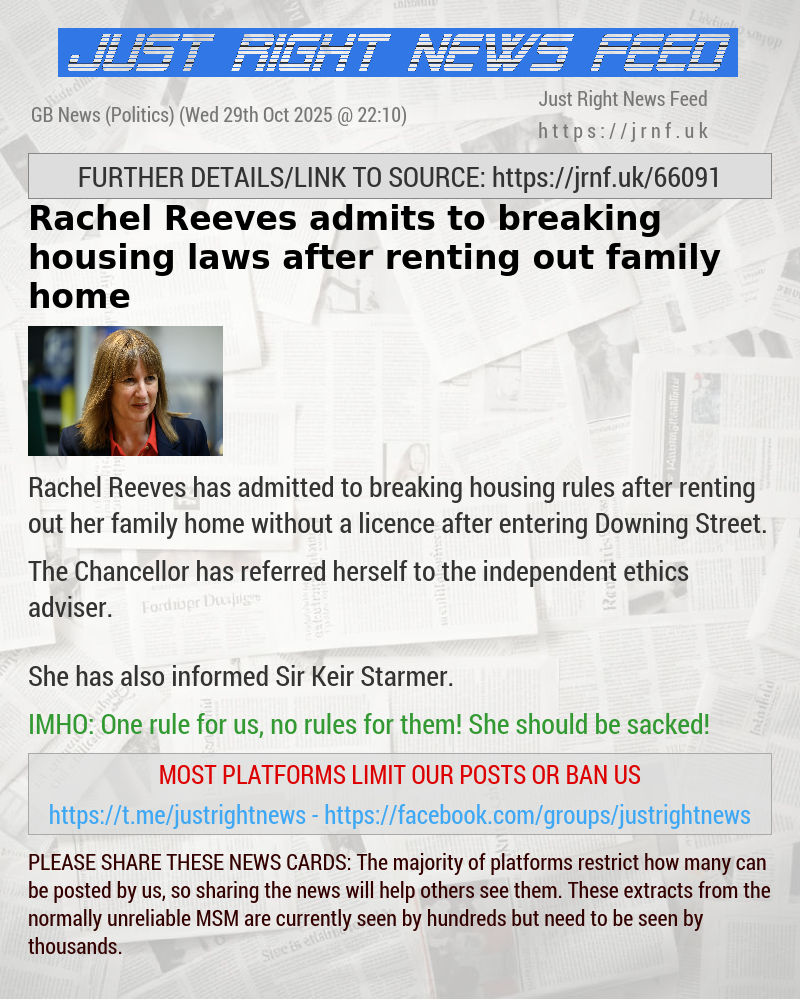 Rachel Reeves admits to breaking housing laws after renting out family home
