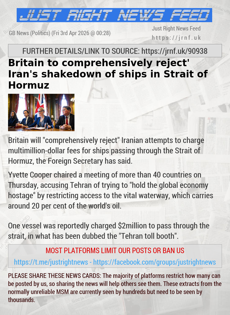 Britain to ‘comprehensively reject’ Iran’s shakedown of ships in Strait of Hormuz