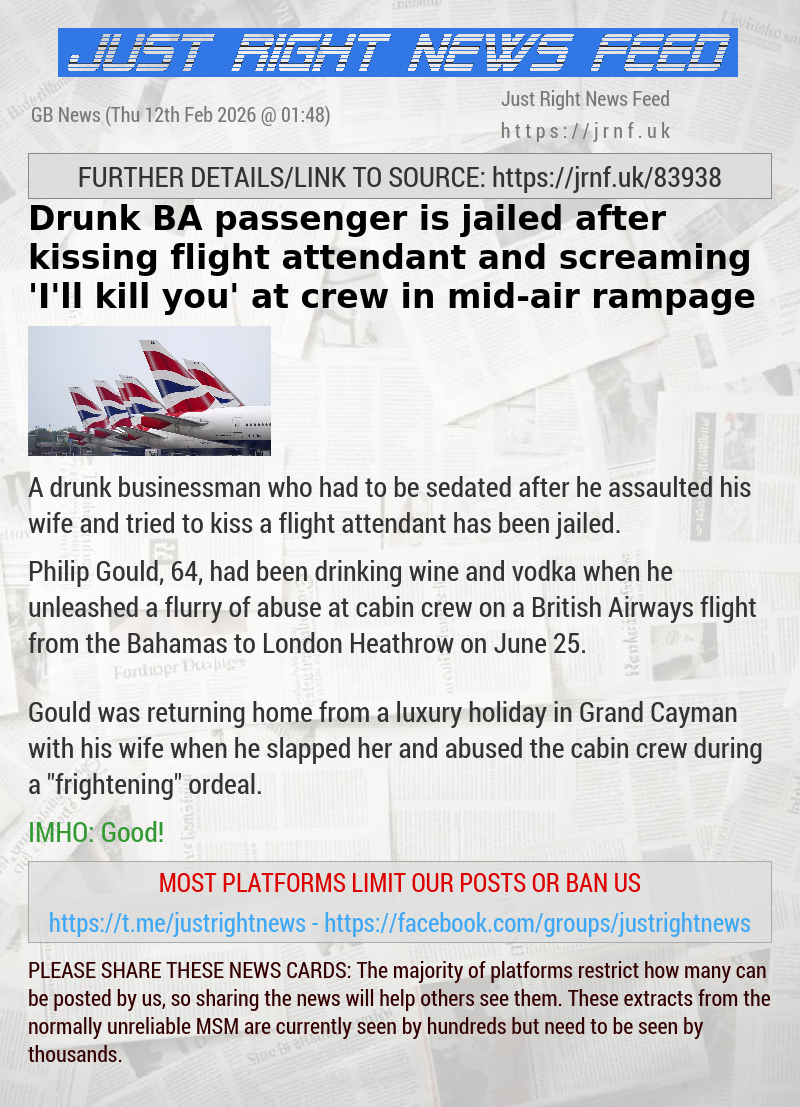 Drunk BA passenger is jailed after kissing flight attendant and screaming ’I’ll kill you’ at crew in mid—air rampage