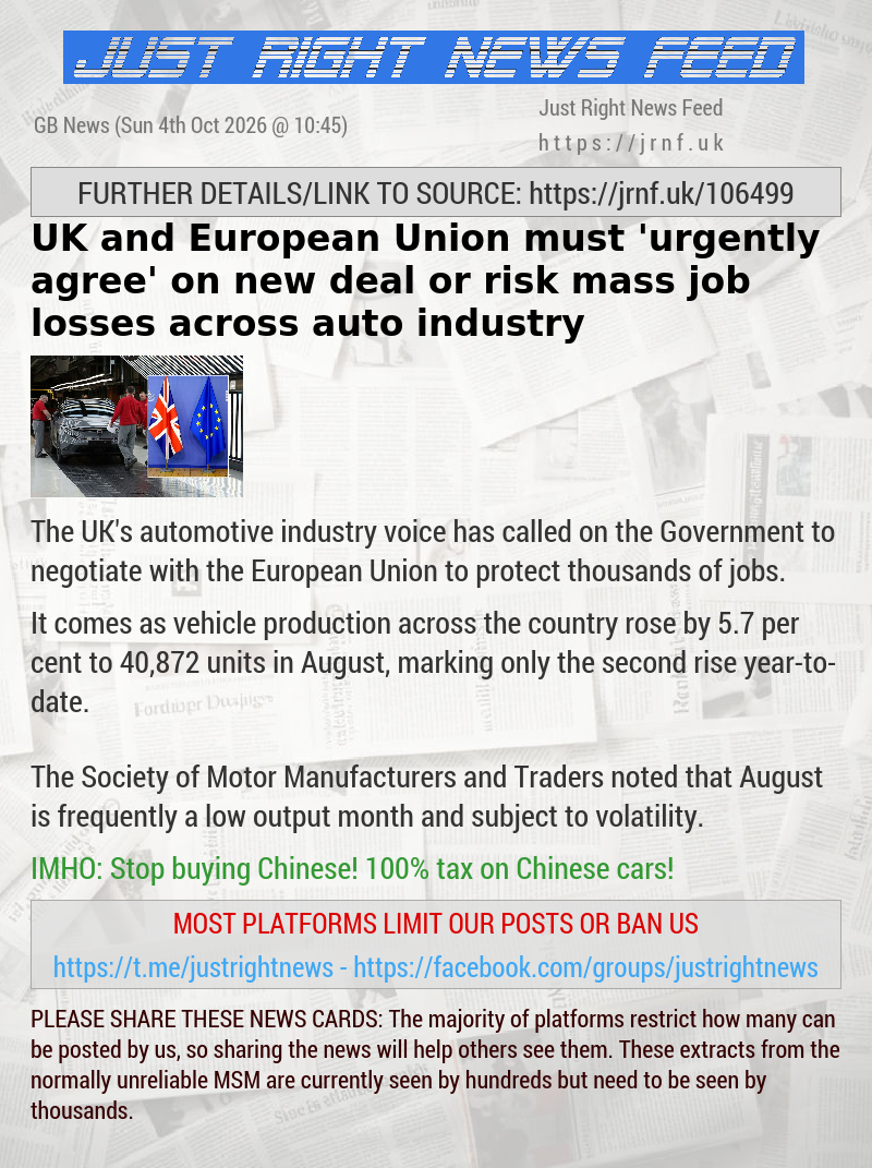 UK and European Union must ’urgently agree’ on new deal or risk mass job losses across auto industry