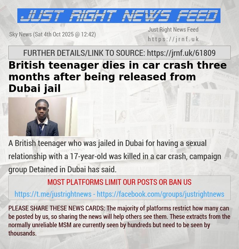 British teenager dies in car crash three months after being released from Dubai jail