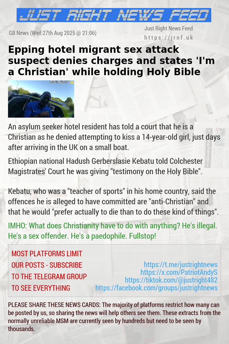 Epping hotel migrant sex attack suspect denies charges and states ’I’m a Christian’ while holding Holy Bible