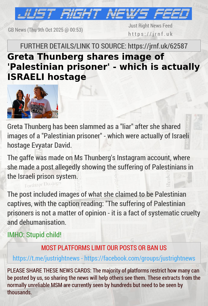 Greta Thunberg shares image of ’Palestinian prisoner’ — which is actually ISRAELI hostage