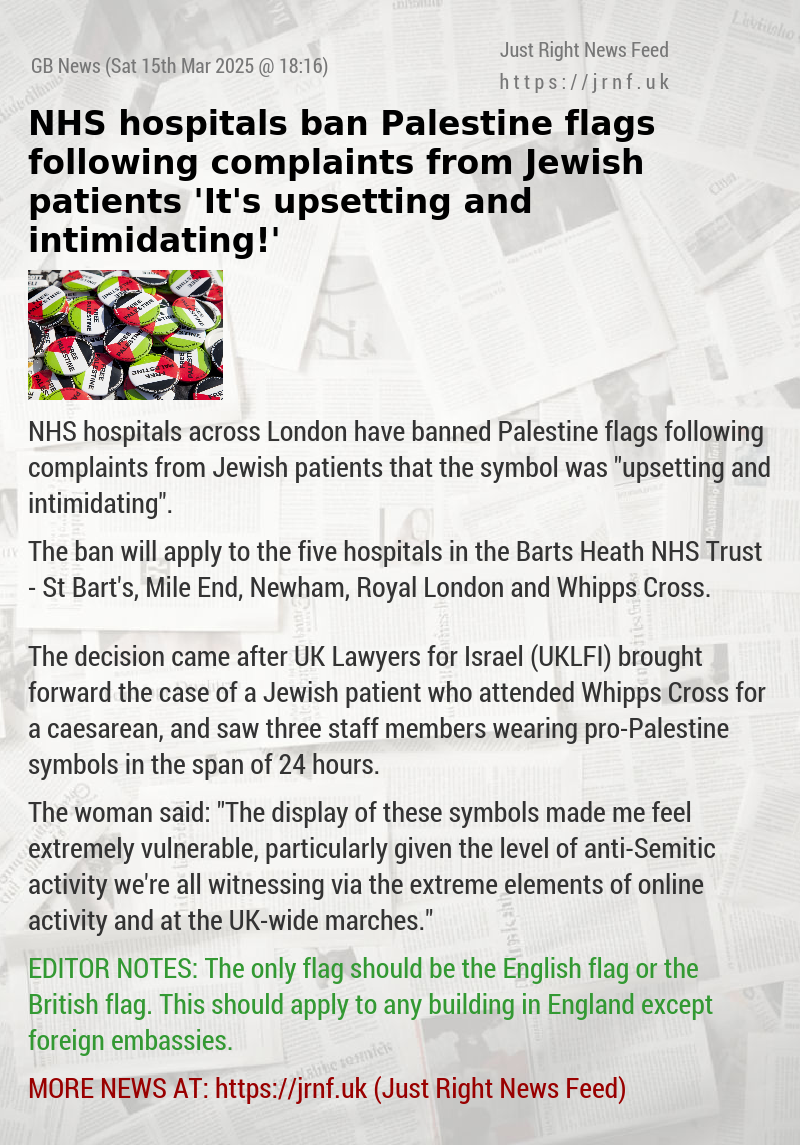 NHS hospitals ban Palestine flags following complaints from Jewish patients — ’It’s upsetting and intimidating!’