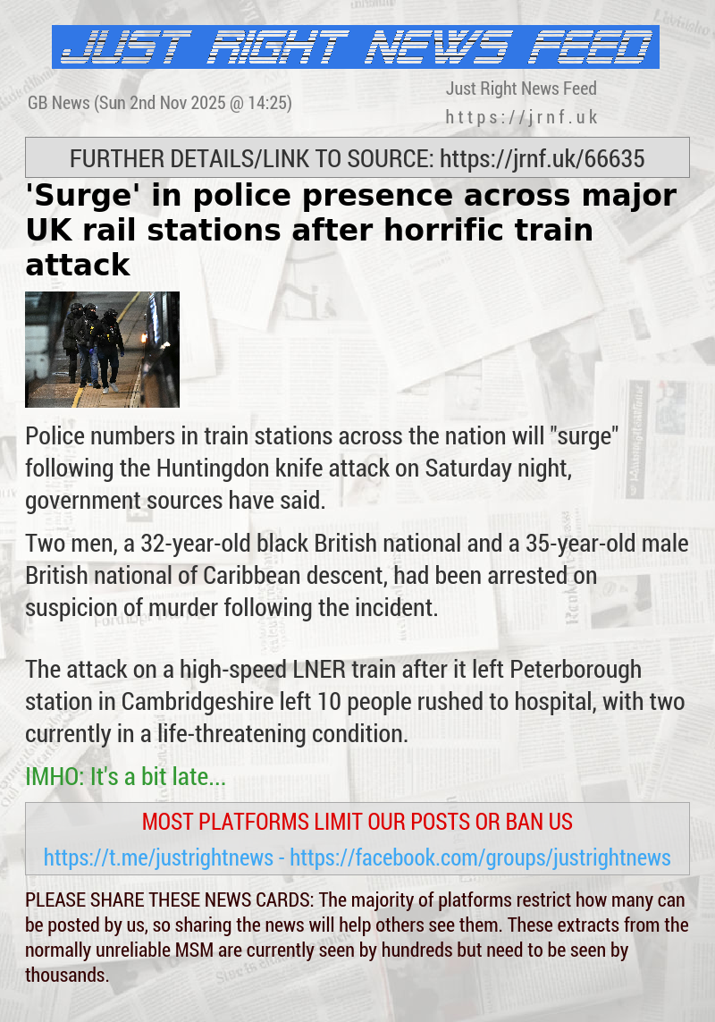 ‘Surge’ in police presence across major UK rail stations after horrific train attack