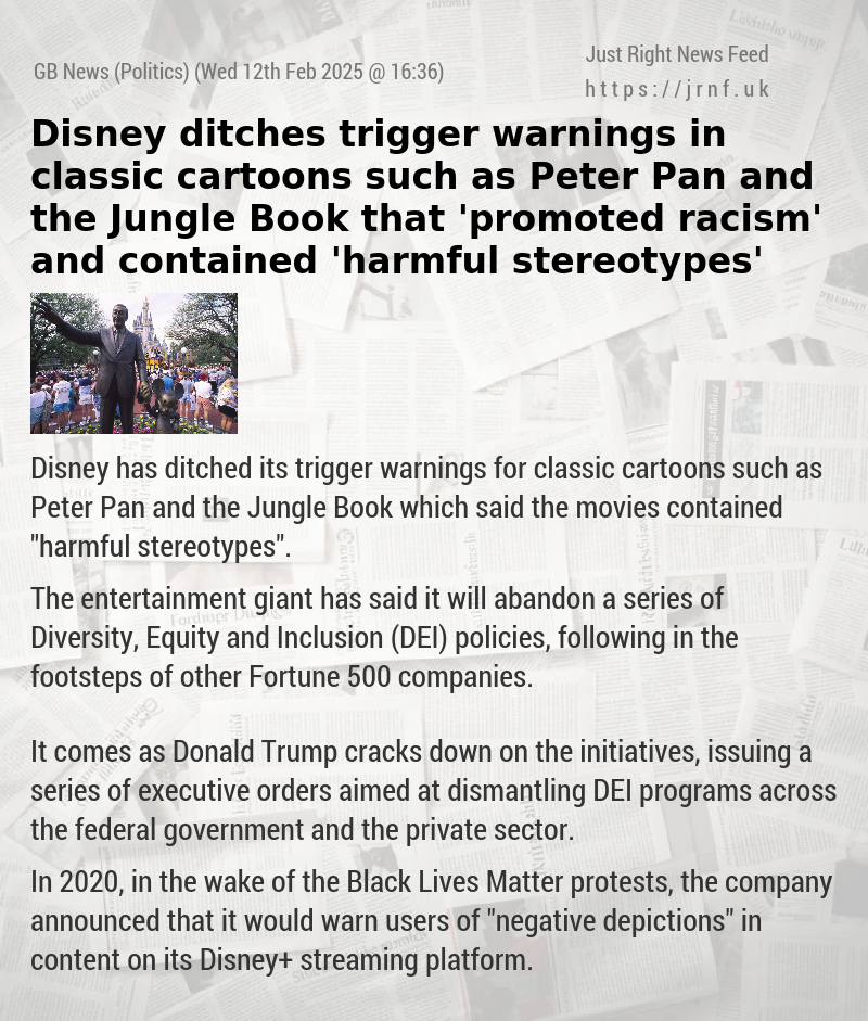 Disney ditches trigger warnings in classic cartoons such as Peter Pan and the Jungle Book that ’promoted racism’ and contained ’harmful stereotypes’