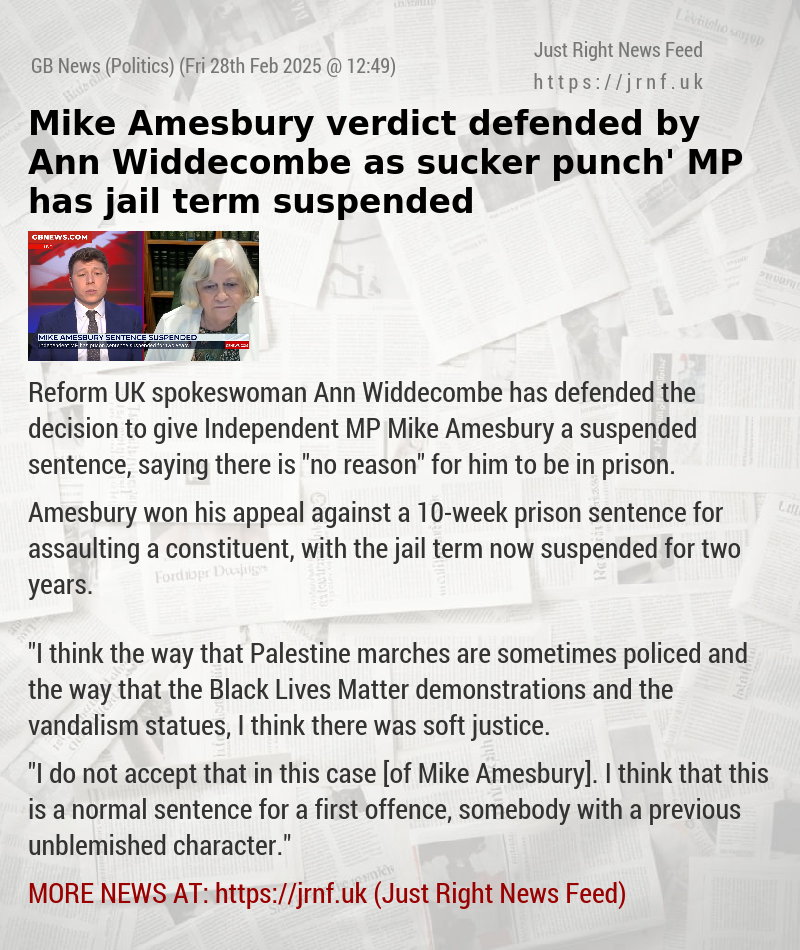 Mike Amesbury verdict defended by Ann Widdecombe as ‘sucker—punch’ MP has jail term suspended