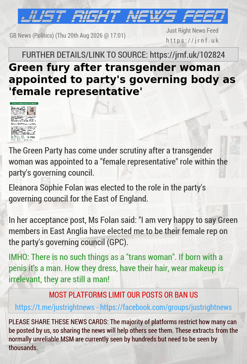 Green fury after transgender woman appointed to party’s governing body as ’female representative’