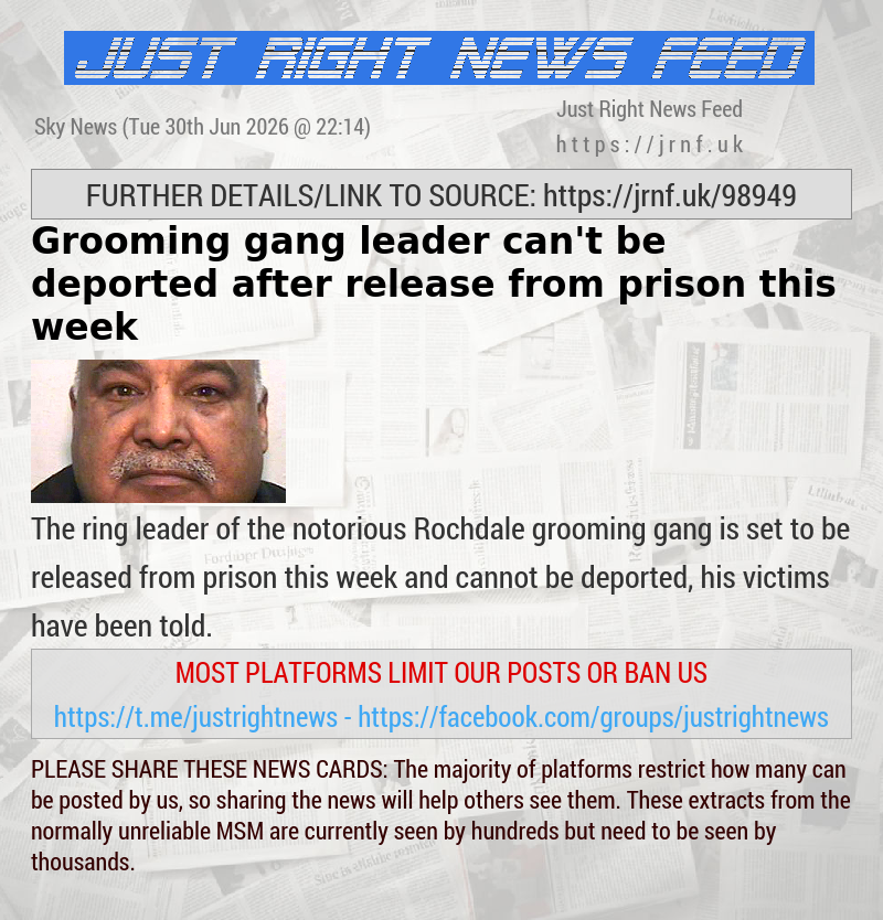 Grooming gang leader can’t be deported after release from prison this week