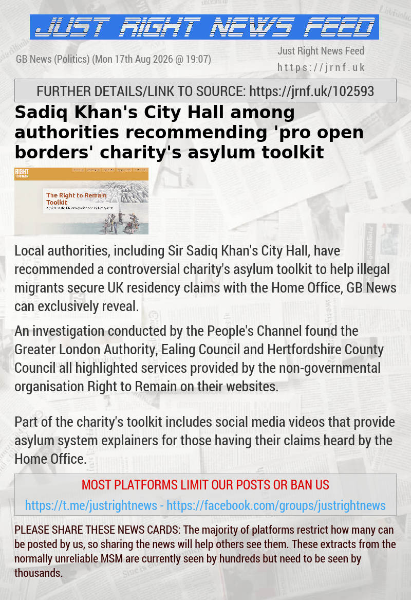 Sadiq Khan’s City Hall among authorities recommending ’pro—open borders’ charity’s asylum toolkit