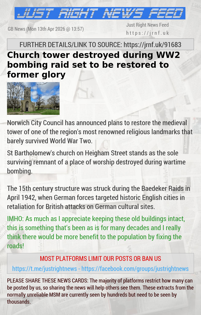 Church tower destroyed during WW2 bombing raid set to be restored to former glory