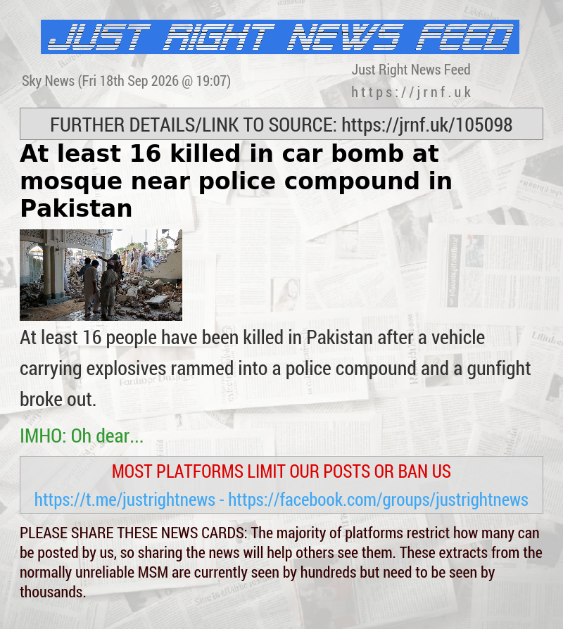 At least 16 killed in car bomb at mosque near police compound in Pakistan
