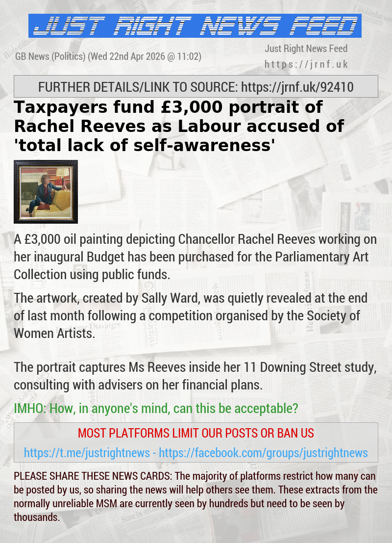 Taxpayers fund &pound;3,000 portrait of Rachel Reeves as Labour accused of ’total lack of self—awareness’