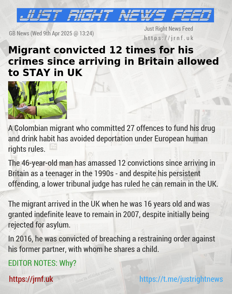 Migrant convicted 12 times for his crimes since arriving in Britain allowed to STAY in UK
