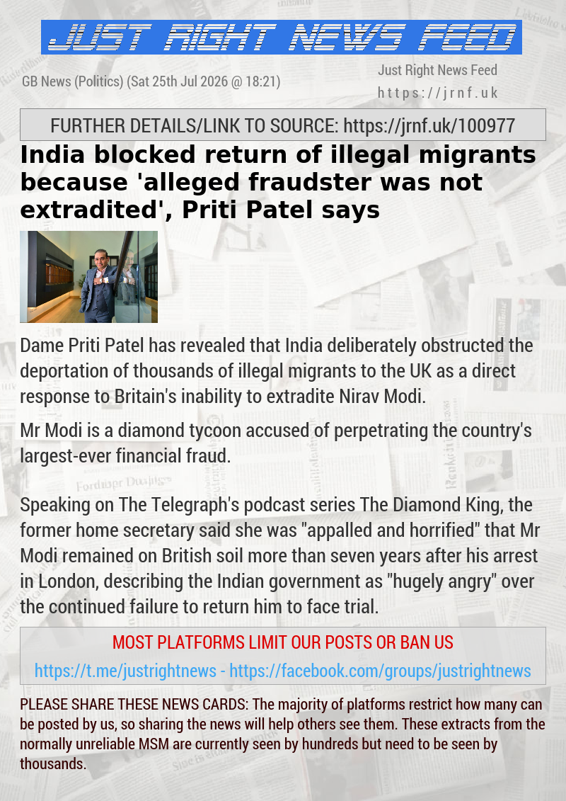 India blocked return of illegal migrants because ’alleged fraudster was not extradited’, Priti Patel says