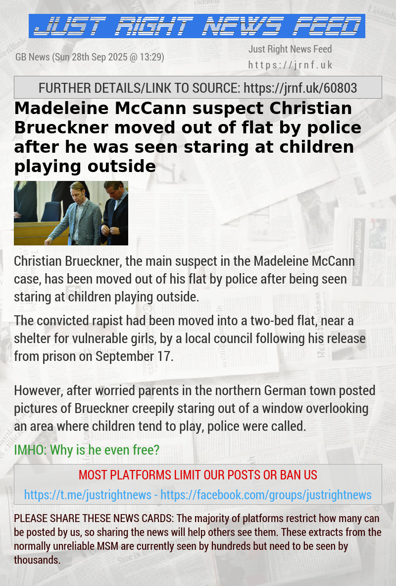Madeleine McCann suspect Christian Brueckner moved out of flat by police after he was seen staring at children playing outside
