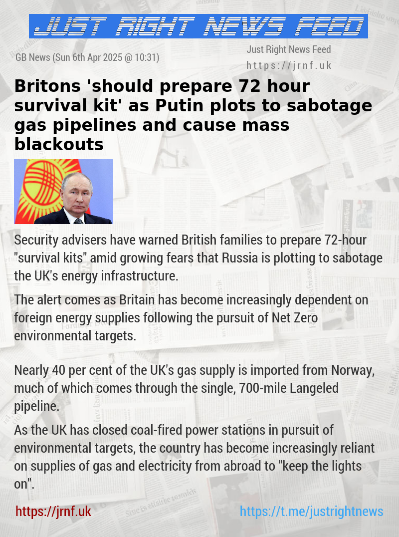 Britons ’should prepare 72—hour survival kit’ as Putin plots to sabotage gas pipelines and cause mass blackouts