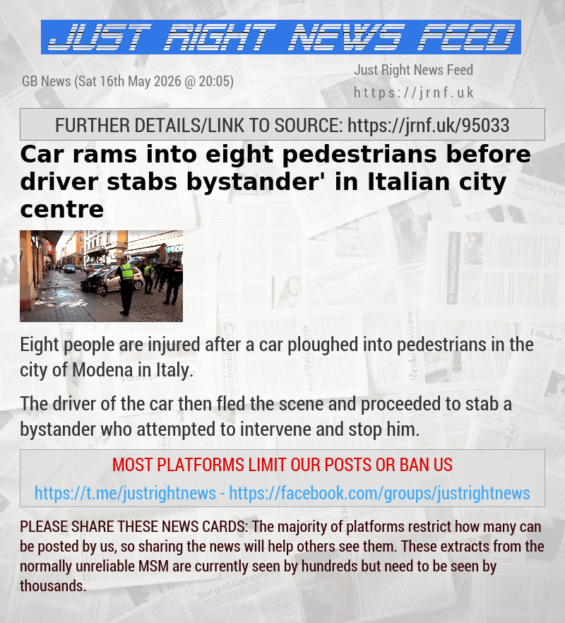 Car rams into eight pedestrians before ‘driver stabs bystander’ in Italian city centre