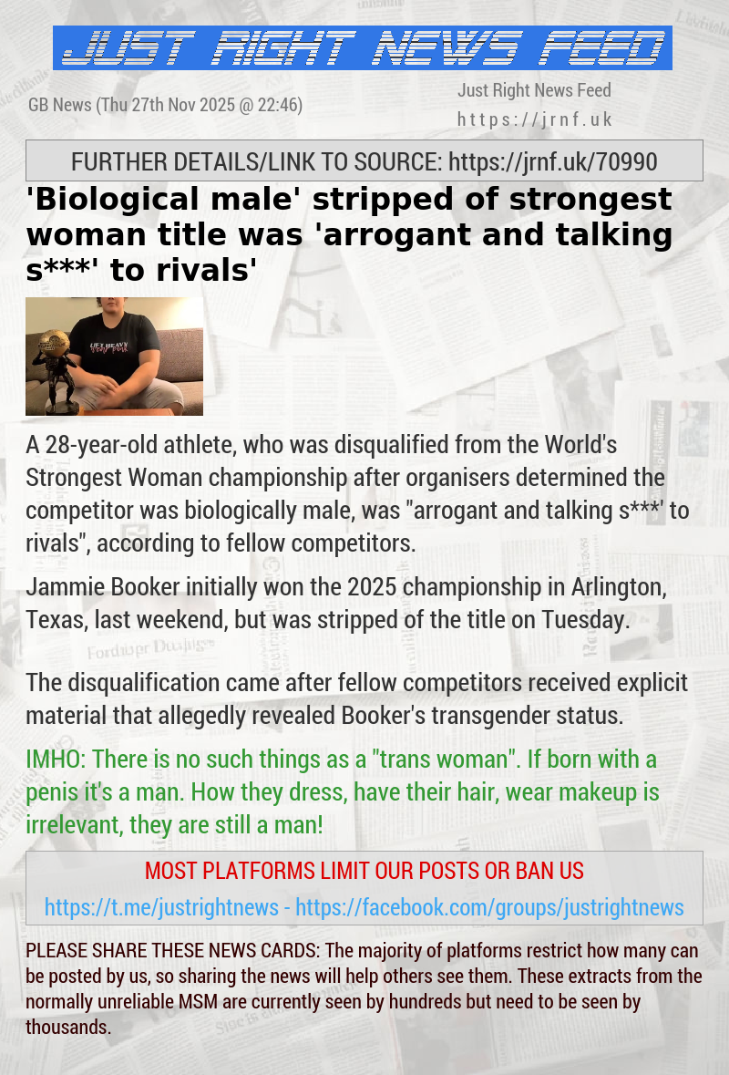 ’Biological male’ stripped of strongest woman title was ’arrogant and talking s***’ to rivals’