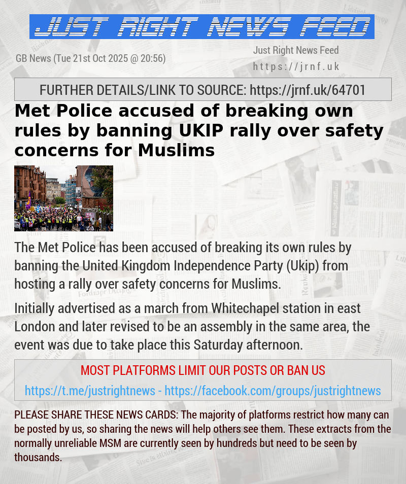 Met Police accused of breaking own rules by banning UKIP rally over safety concerns for Muslims
