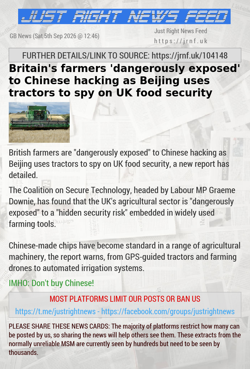 Britain’s farmers ’dangerously exposed’ to Chinese hacking as Beijing uses tractors to spy on UK food security