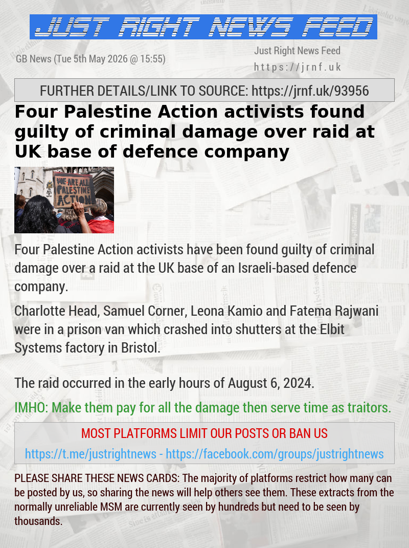 Four Palestine Action activists found guilty of criminal damage over raid at UK base of defence company